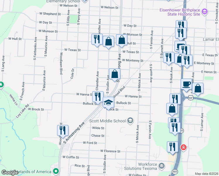 map of restaurants, bars, coffee shops, grocery stores, and more near 1501 South Armstrong Avenue in Denison