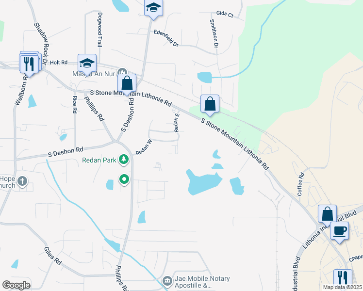 map of restaurants, bars, coffee shops, grocery stores, and more near 1724 Redan East in Lithonia