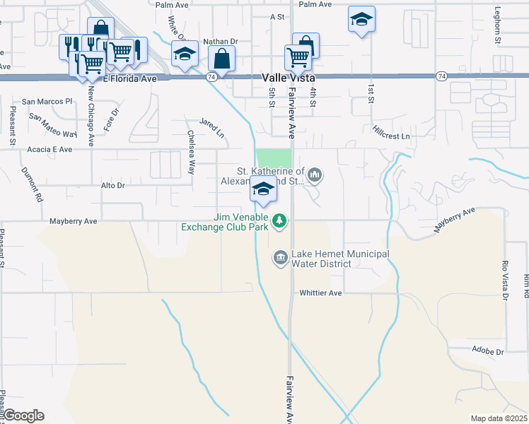 map of restaurants, bars, coffee shops, grocery stores, and more near 43900 Mayberry Avenue in Hemet