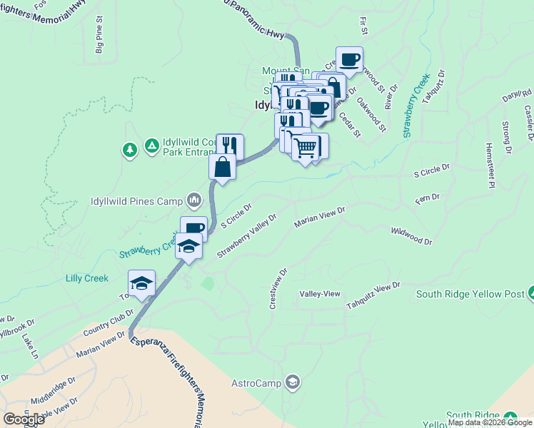 map of restaurants, bars, coffee shops, grocery stores, and more near 54240 Strawberry Valley Drive in Idyllwild-Pine Cove