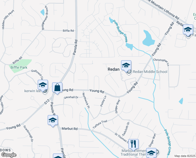 map of restaurants, bars, coffee shops, grocery stores, and more near 1671 Laurel Creek Circle in Lithonia
