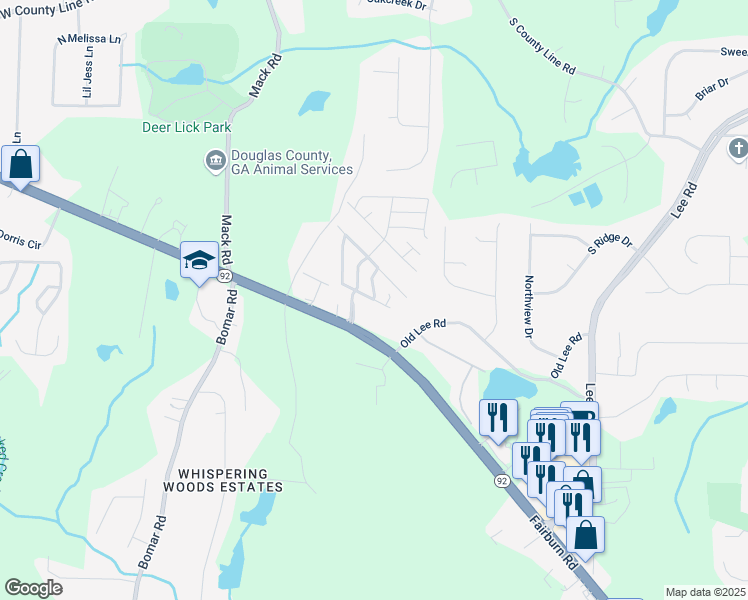 map of restaurants, bars, coffee shops, grocery stores, and more near Stuart Lane in Douglasville