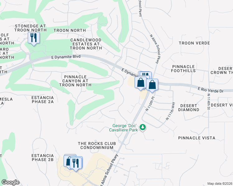 map of restaurants, bars, coffee shops, grocery stores, and more near 28158 North 108th Way in Scottsdale