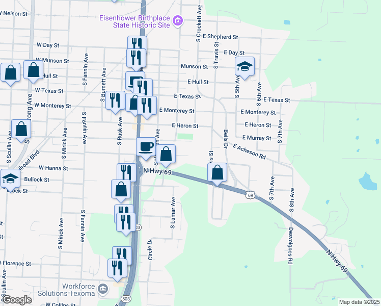 map of restaurants, bars, coffee shops, grocery stores, and more near 231 East Acheson Street in Denison