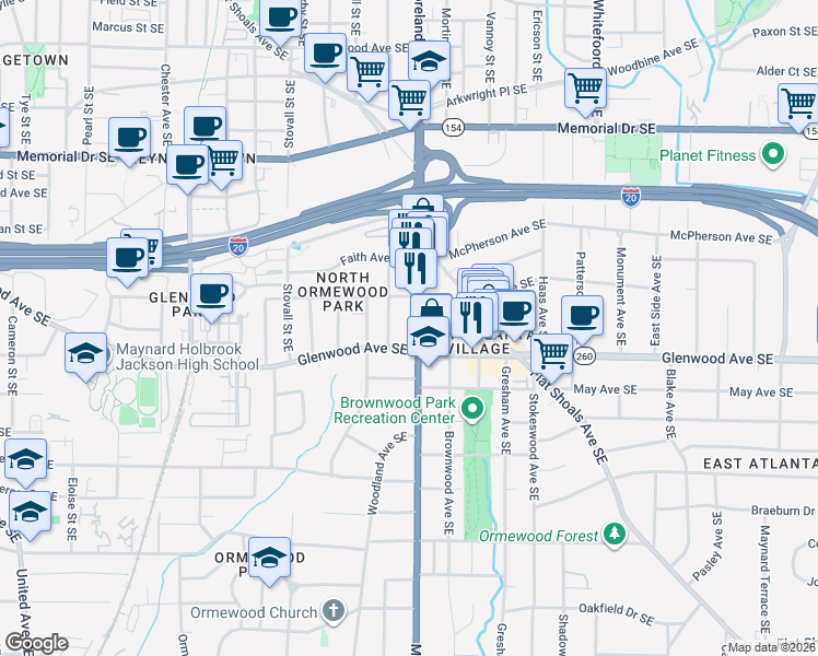 map of restaurants, bars, coffee shops, grocery stores, and more near 475 Moreland Avenue Southeast in Atlanta