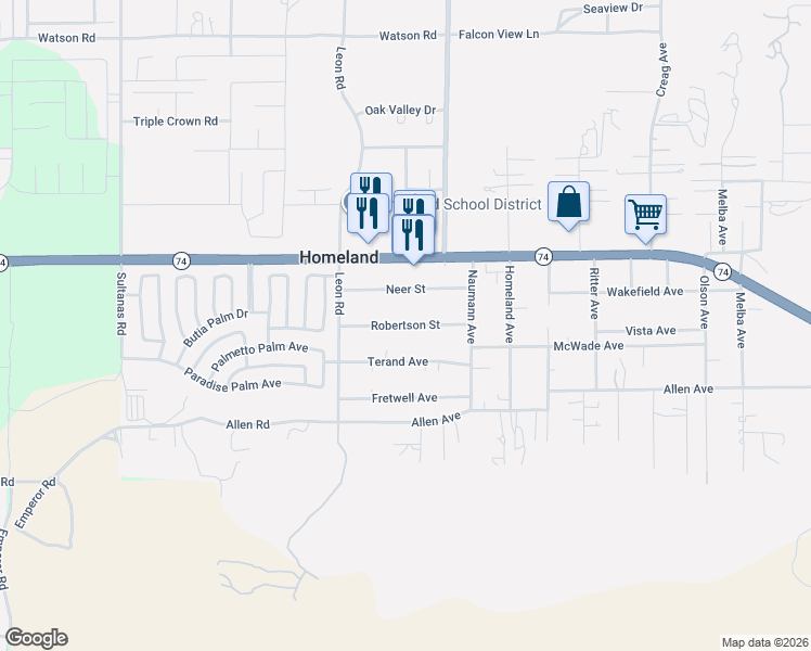 map of restaurants, bars, coffee shops, grocery stores, and more near 31135 Robertson Street in Homeland