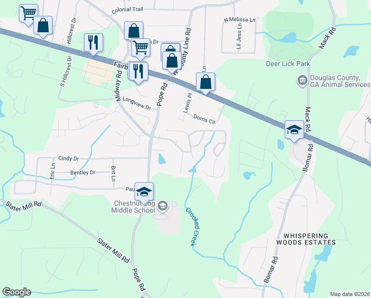 map of restaurants, bars, coffee shops, grocery stores, and more near 3590 Chestnut Meadows Drive in Douglasville