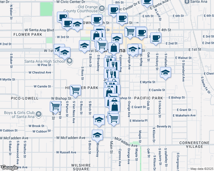map of restaurants, bars, coffee shops, grocery stores, and more near 437 South Sycamore Street in Santa Ana