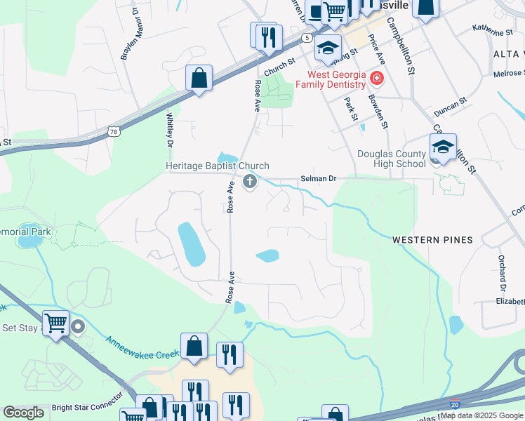 map of restaurants, bars, coffee shops, grocery stores, and more near 8844 West Hills Court in Douglasville