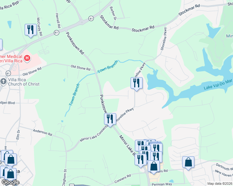 map of restaurants, bars, coffee shops, grocery stores, and more near 130 Chadwick Place in Villa Rica