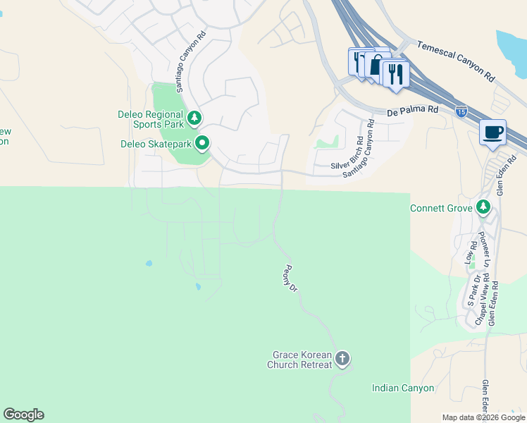 map of restaurants, bars, coffee shops, grocery stores, and more near 26218 Gentry Avenue in Corona