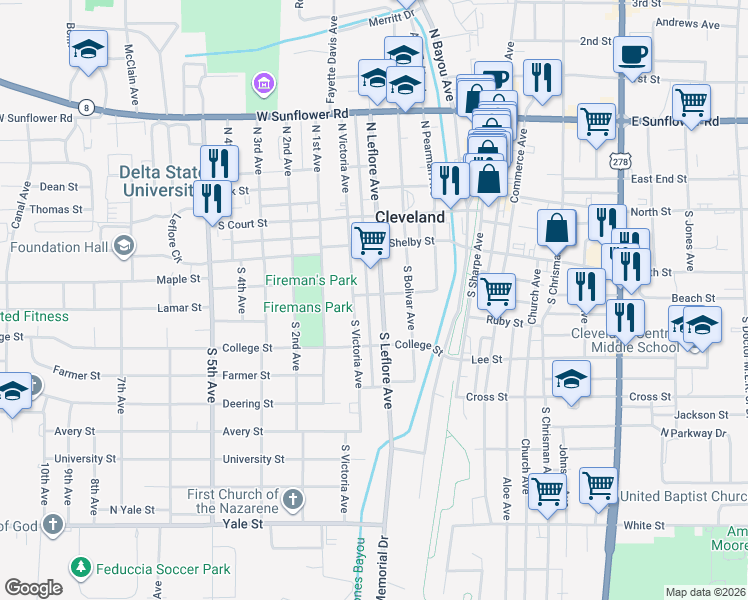 map of restaurants, bars, coffee shops, grocery stores, and more near 300 South Leflore Avenue in Cleveland