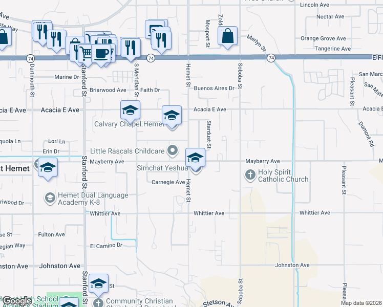 map of restaurants, bars, coffee shops, grocery stores, and more near 42259 Andrea Avenue in Hemet