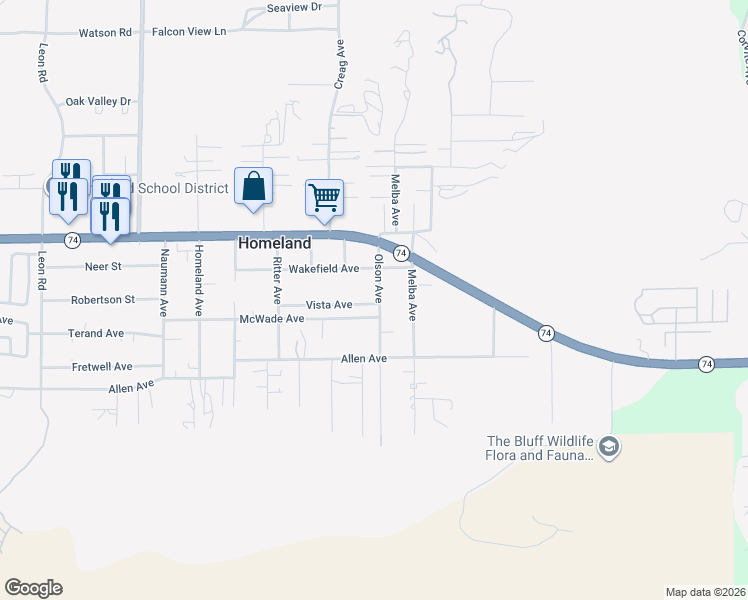 map of restaurants, bars, coffee shops, grocery stores, and more near 26157 Olson Avenue in Homeland