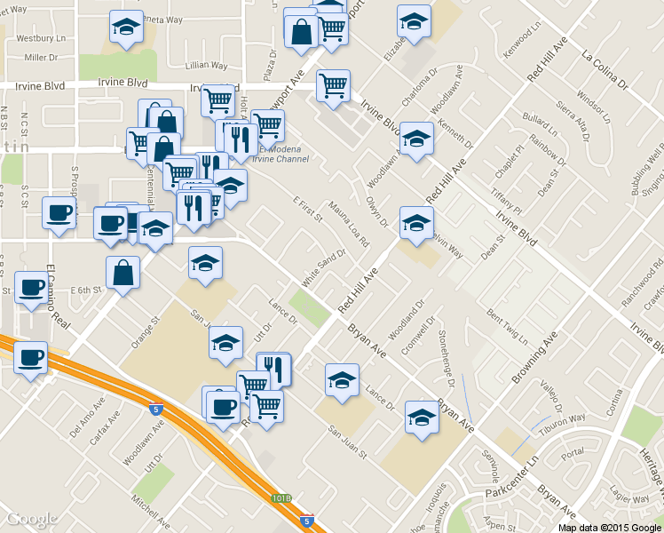 map of restaurants, bars, coffee shops, grocery stores, and more near 13372 White Sand Drive in Tustin