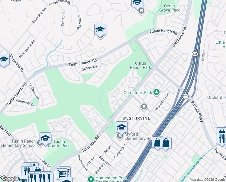 map of restaurants, bars, coffee shops, grocery stores, and more near 2960 Champion Way in Tustin