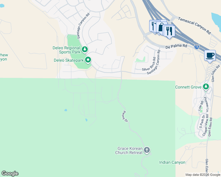 map of restaurants, bars, coffee shops, grocery stores, and more near 26223 Gentry Avenue in Corona