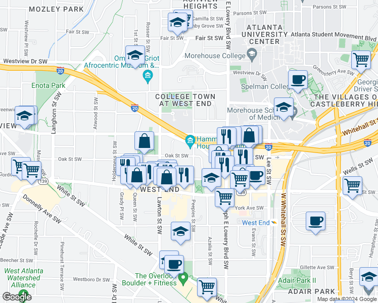map of restaurants, bars, coffee shops, grocery stores, and more near 1029 Oak Street Southwest in Atlanta