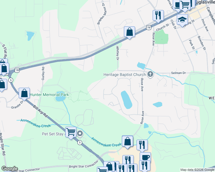 map of restaurants, bars, coffee shops, grocery stores, and more near 7102 Secret Rose in Douglasville