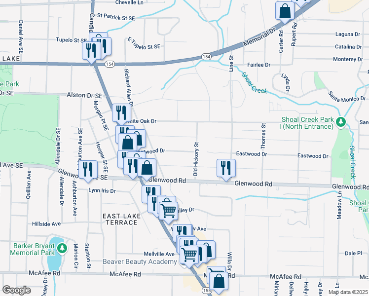 map of restaurants, bars, coffee shops, grocery stores, and more near 2590 Eastwood Drive in Decatur