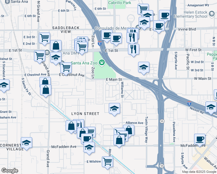 map of restaurants, bars, coffee shops, grocery stores, and more near 153 Sereno in Tustin