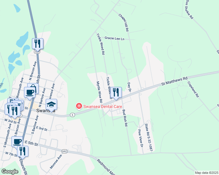 map of restaurants, bars, coffee shops, grocery stores, and more near 327 Tickle Weed Road in Swansea
