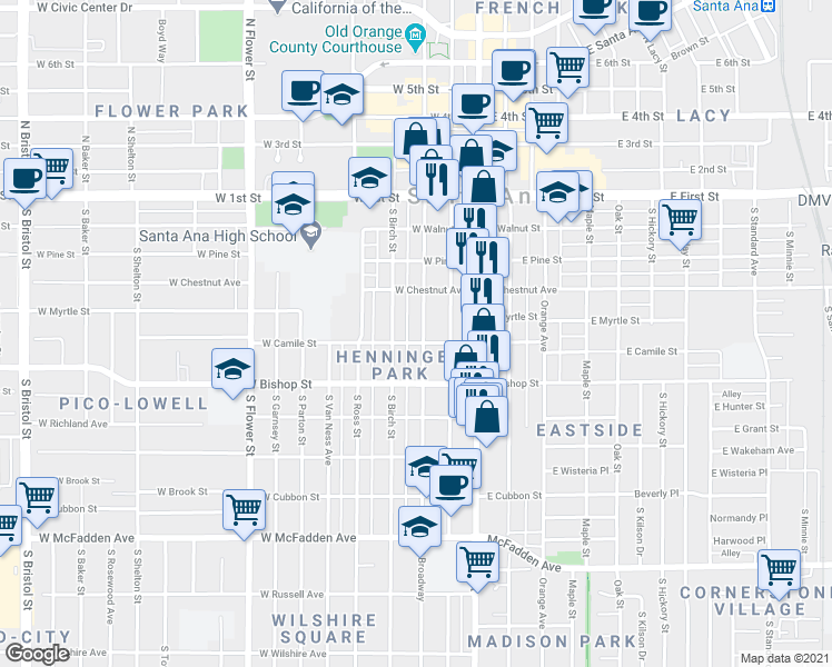 map of restaurants, bars, coffee shops, grocery stores, and more near 438 South Broadway in Santa Ana