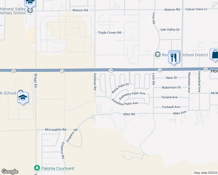 map of restaurants, bars, coffee shops, grocery stores, and more near 26155 Butterfly Palm Drive in Homeland