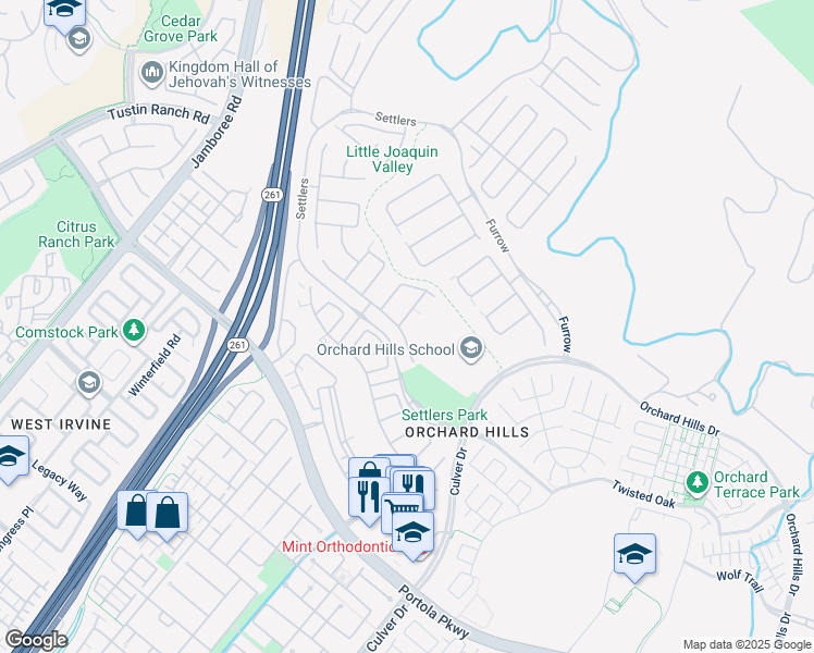 map of restaurants, bars, coffee shops, grocery stores, and more near 17 Lowland in Irvine