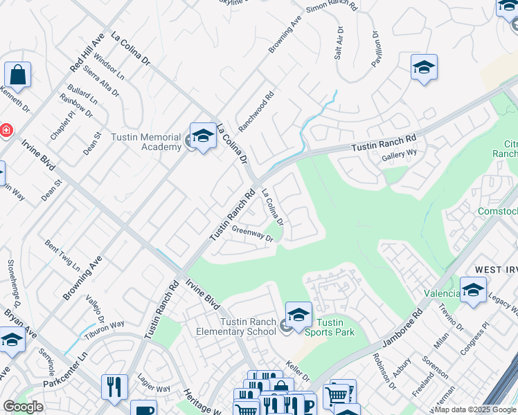 map of restaurants, bars, coffee shops, grocery stores, and more near 2346 Tryall in Tustin