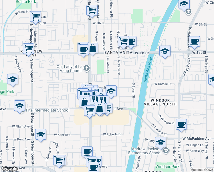 map of restaurants, bars, coffee shops, grocery stores, and more near 3609 West Camille Street in Santa Ana