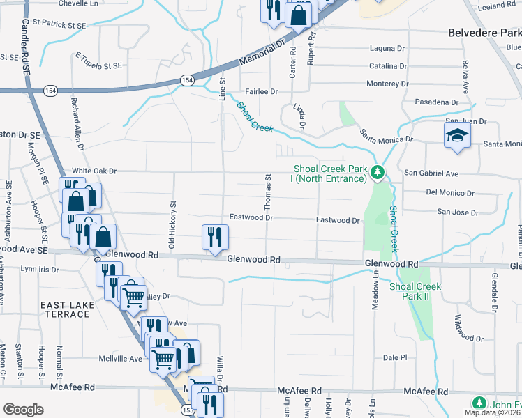 map of restaurants, bars, coffee shops, grocery stores, and more near 1741 Thomas Street in Decatur