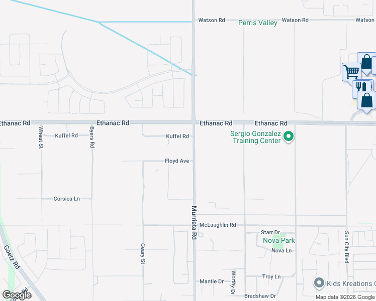 map of restaurants, bars, coffee shops, grocery stores, and more near 26135 Murrieta Road in Menifee