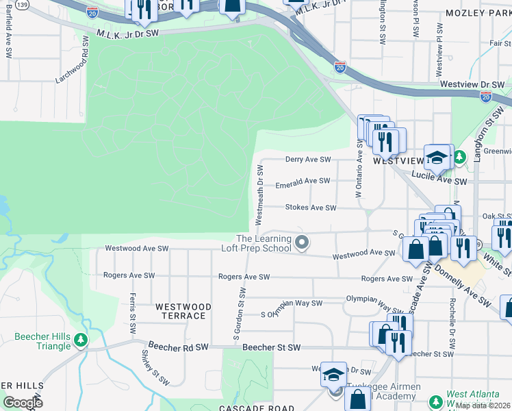 map of restaurants, bars, coffee shops, grocery stores, and more near 519 Westmeath Drive Southwest in Atlanta