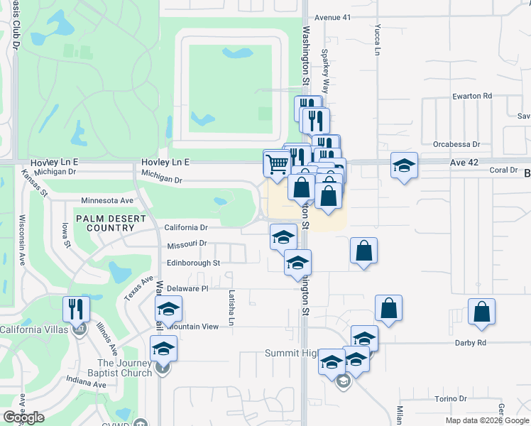 map of restaurants, bars, coffee shops, grocery stores, and more near 42305 Washington Street in Palm Desert
