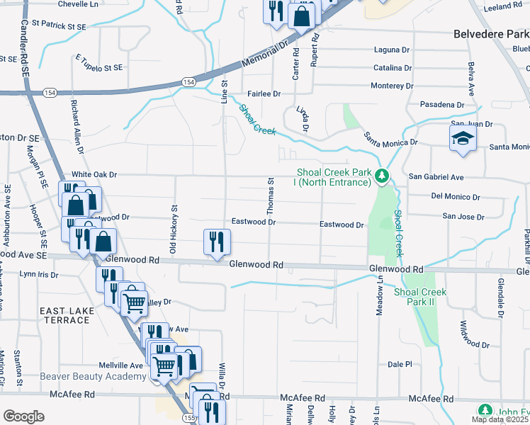 map of restaurants, bars, coffee shops, grocery stores, and more near 1741 Thomas Street in Decatur