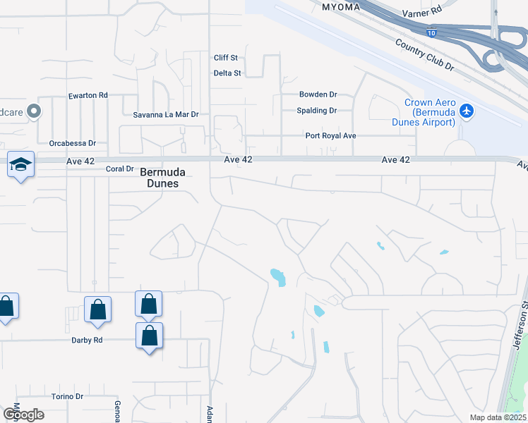 map of restaurants, bars, coffee shops, grocery stores, and more near 42416 Adams Street in Bermuda Dunes