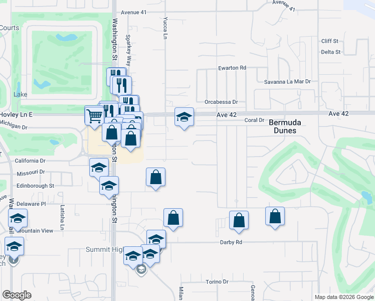 map of restaurants, bars, coffee shops, grocery stores, and more near 78361 Desert Mountain Circle in Bermuda Dunes