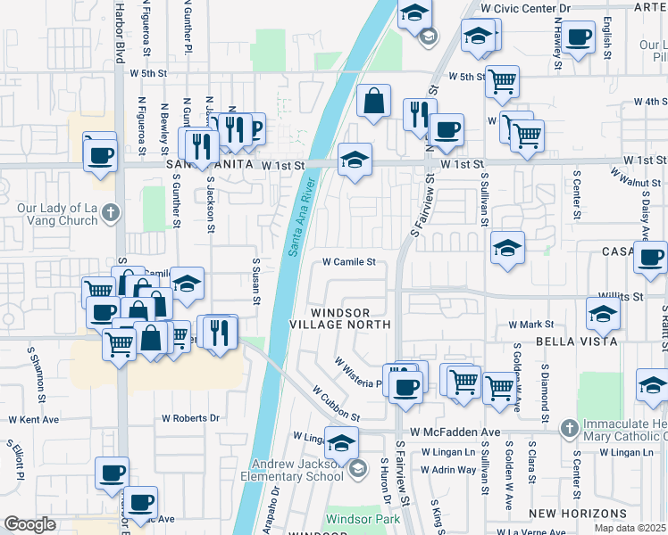 map of restaurants, bars, coffee shops, grocery stores, and more near 3024 West Camile Street in Santa Ana