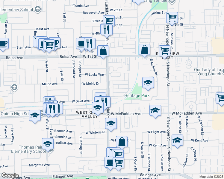 map of restaurants, bars, coffee shops, grocery stores, and more near 507 South Euclid Street in Santa Ana