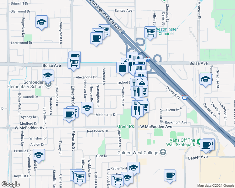 map of restaurants, bars, coffee shops, grocery stores, and more near 6831 Cumberland Drive in Huntington Beach