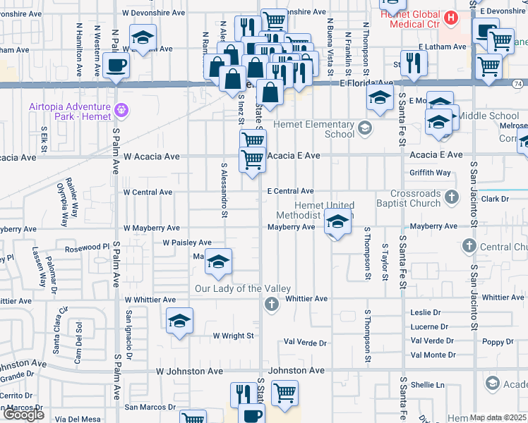 map of restaurants, bars, coffee shops, grocery stores, and more near 434 County Road R3 in Hemet