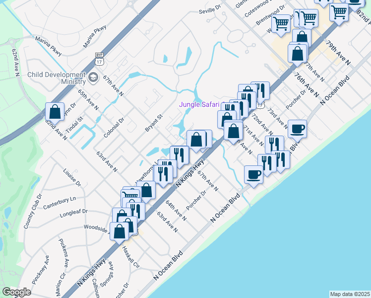 map of restaurants, bars, coffee shops, grocery stores, and more near 6708 Geletto Court in Myrtle Beach