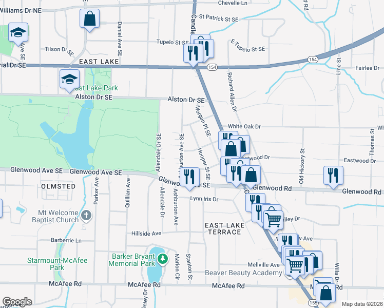 map of restaurants, bars, coffee shops, grocery stores, and more near 2888 Daws Avenue Southeast in Atlanta