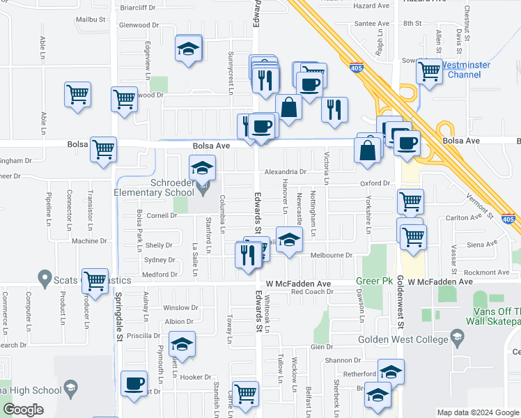 map of restaurants, bars, coffee shops, grocery stores, and more near 6501 Rome Circle in Huntington Beach