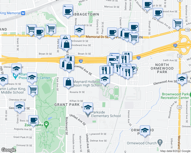 map of restaurants, bars, coffee shops, grocery stores, and more near 760 Glenwood Ave SE in Atlanta