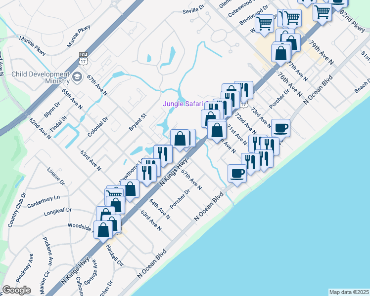 map of restaurants, bars, coffee shops, grocery stores, and more near 6803 North Kings Highway in Myrtle Beach