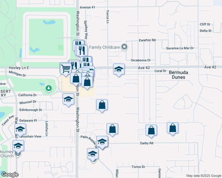 map of restaurants, bars, coffee shops, grocery stores, and more near 78277 Desert Mountain Circle in Bermuda Dunes