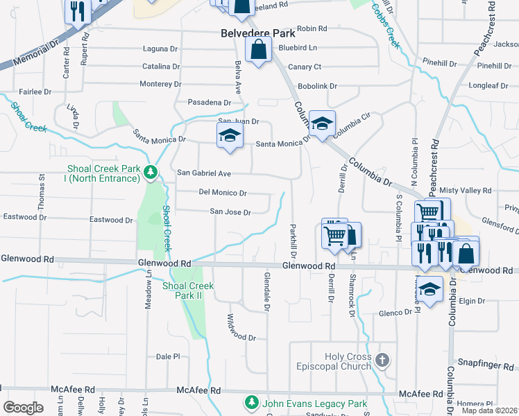map of restaurants, bars, coffee shops, grocery stores, and more near 3084 San Jose Drive in Decatur