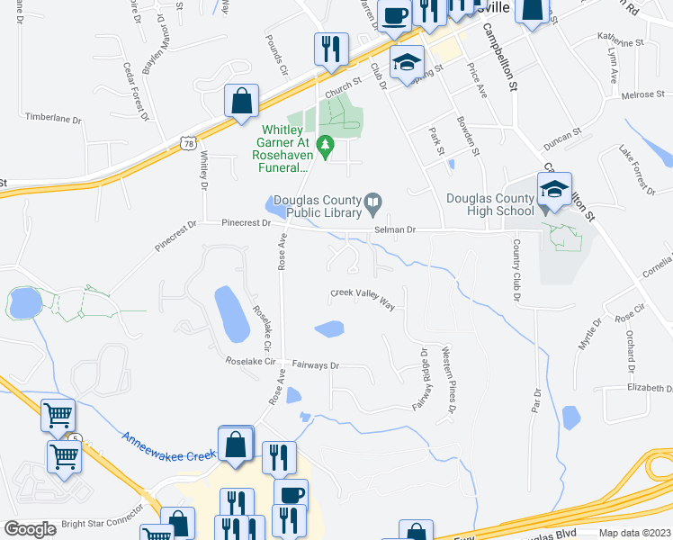 map of restaurants, bars, coffee shops, grocery stores, and more near 8839 West Hills Court in Douglasville